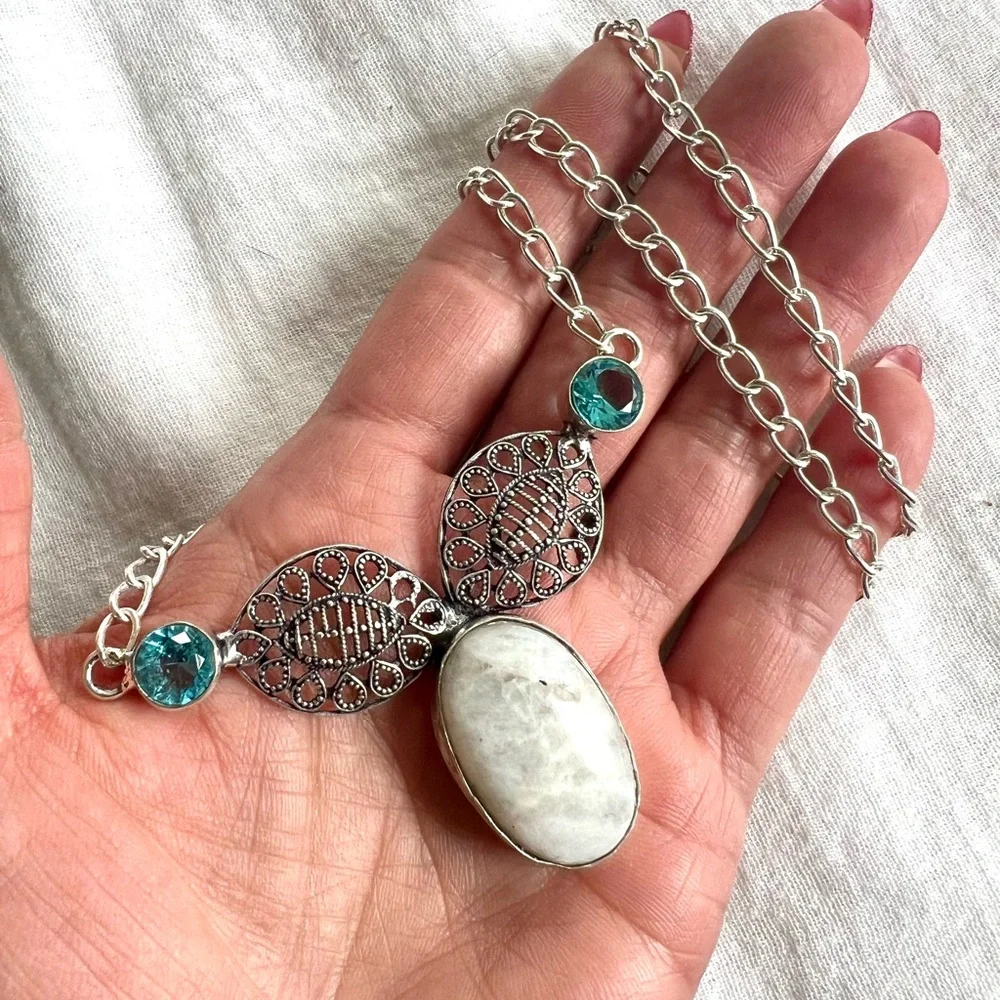 925 Moon Energy Moonstone + Swiss Topaz Necklace Pendant
